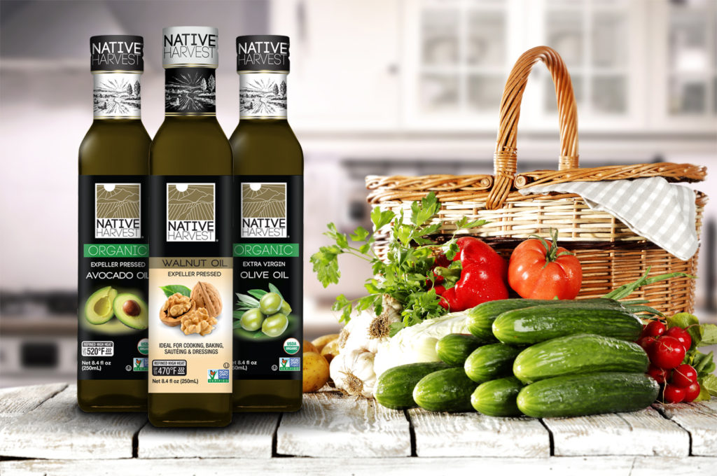 Native Harvest organic and nongmo cooking oils, new 250mL square glass bottle new product lineup in kitchen with healthy vegetables