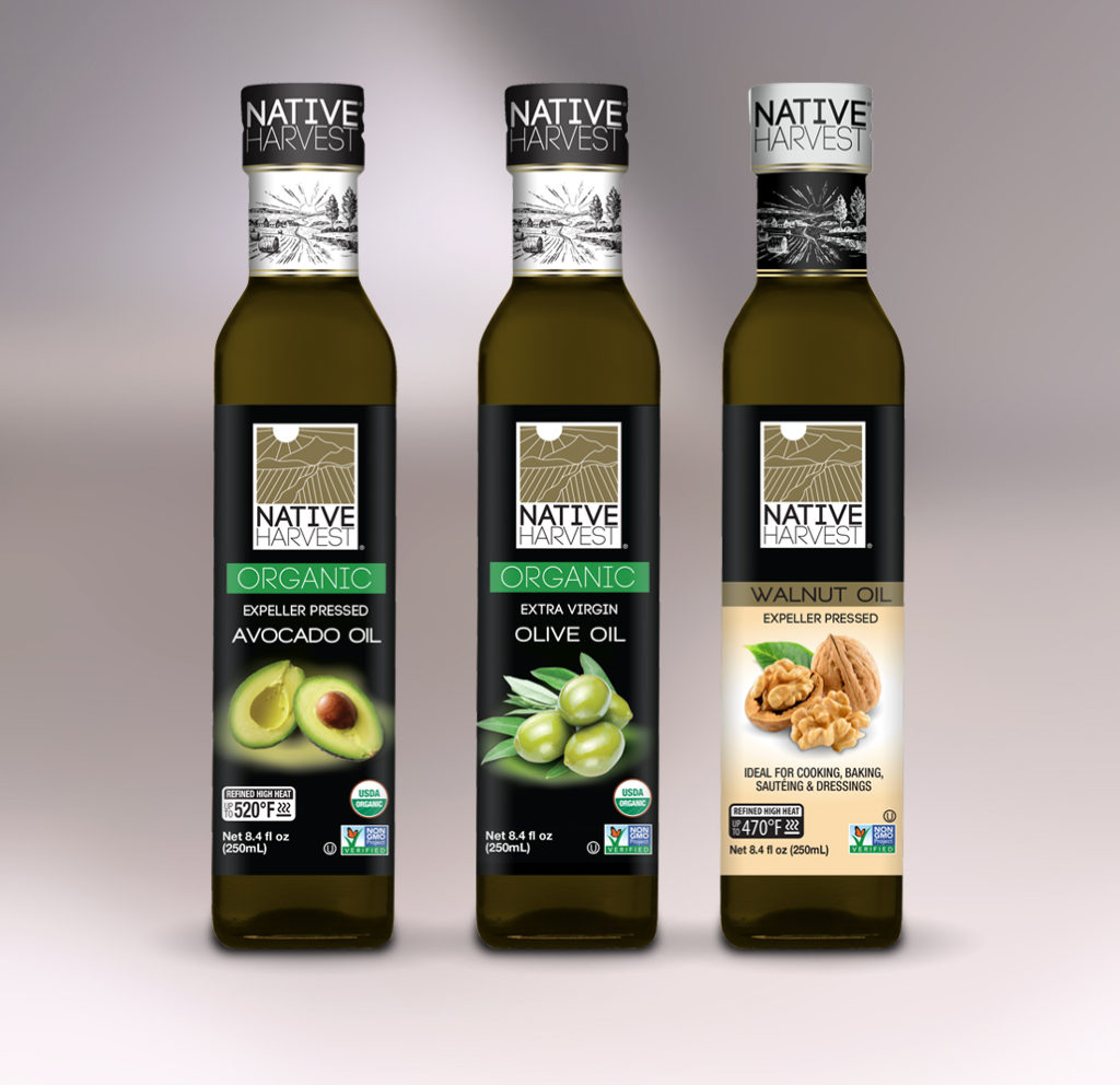 Native Harvest organic and nongmo cooking oils, new 250mL square glass bottle new product lineup